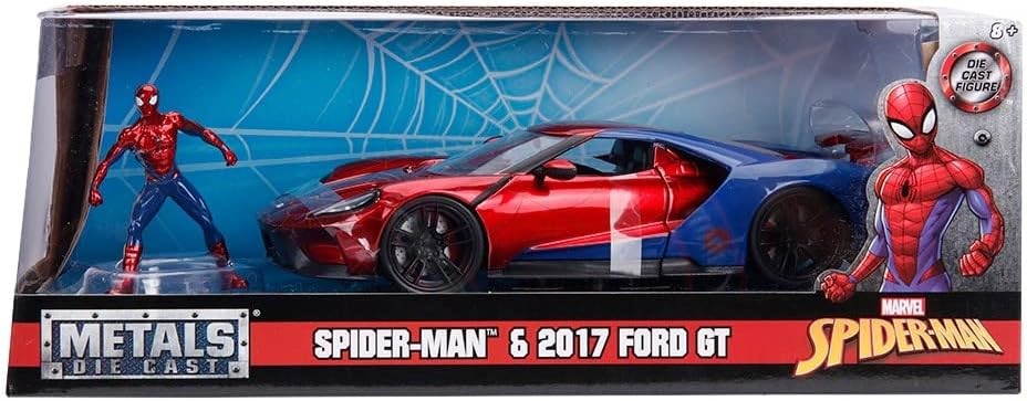 JADA 1:24 Diecast 2017 Ford GT with Spider-Man Figure, Red/Blue. NB: Damage