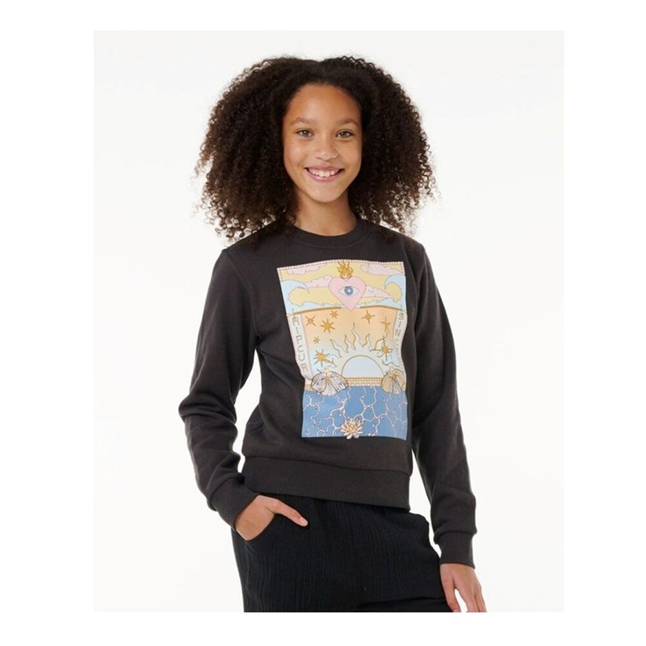 RIP CURL Girl's Summer Solstice Art Crew Sweatshirt, Size 14, Washed Black.