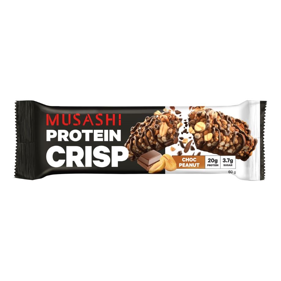 23 x MUSASHI Protein Crisp Choc Peanut Bar, 60g.