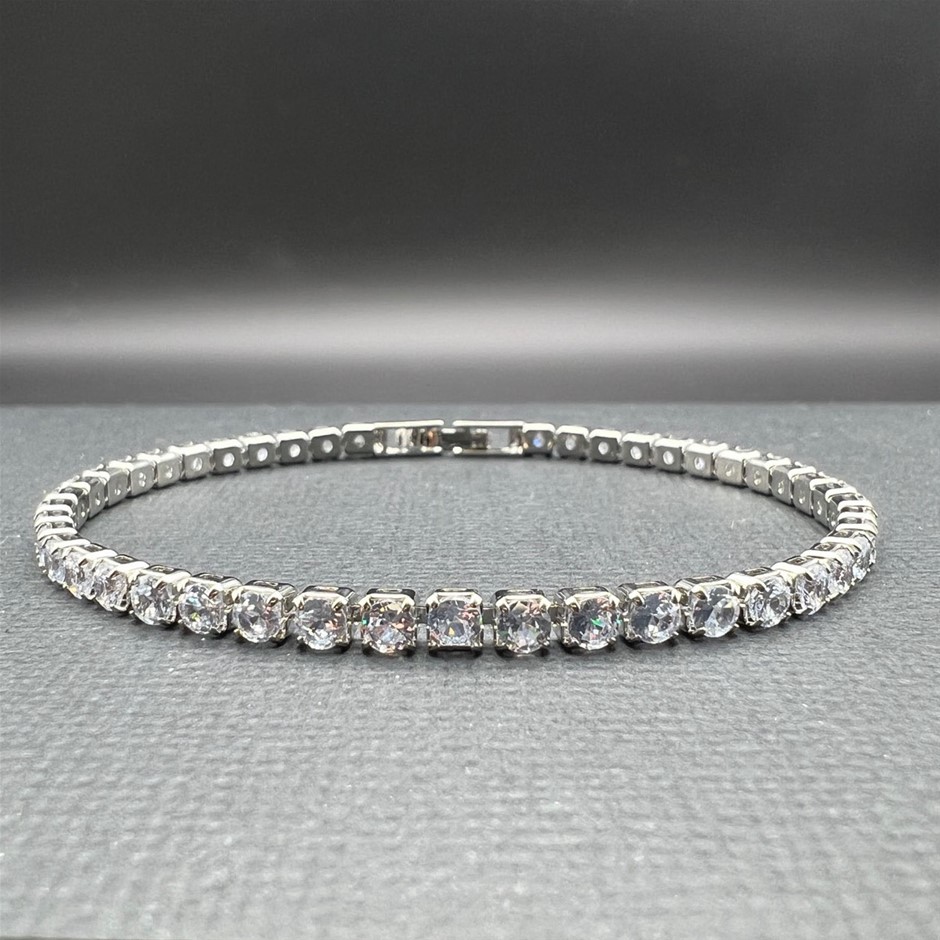 14K White Gold-Filled 3mm Tennis Bracelet with Simulated Diamonds - 18cm