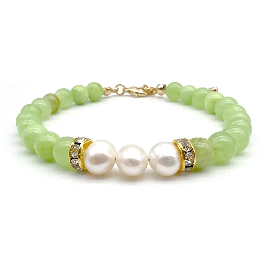 7-8mm Pearl & Flower Jade with Real 18k Gold Plated Bracelet