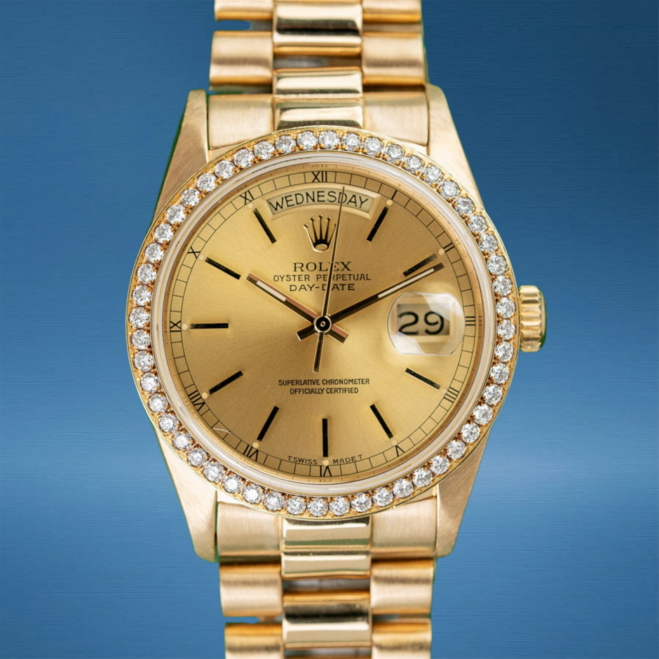 Rolex Day-Date 36 Champagne Index Dial 18038 Custom Diamond Bezel BxO COA