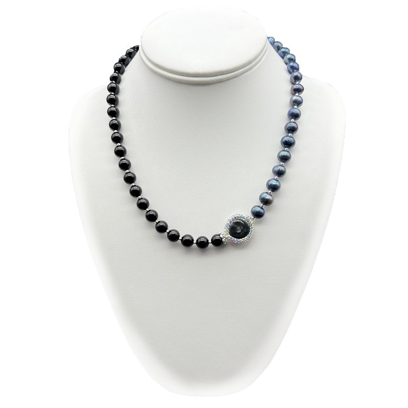 Freshwater, Baroque Pearl & Black Agate with Real Platinum Plated Necklace