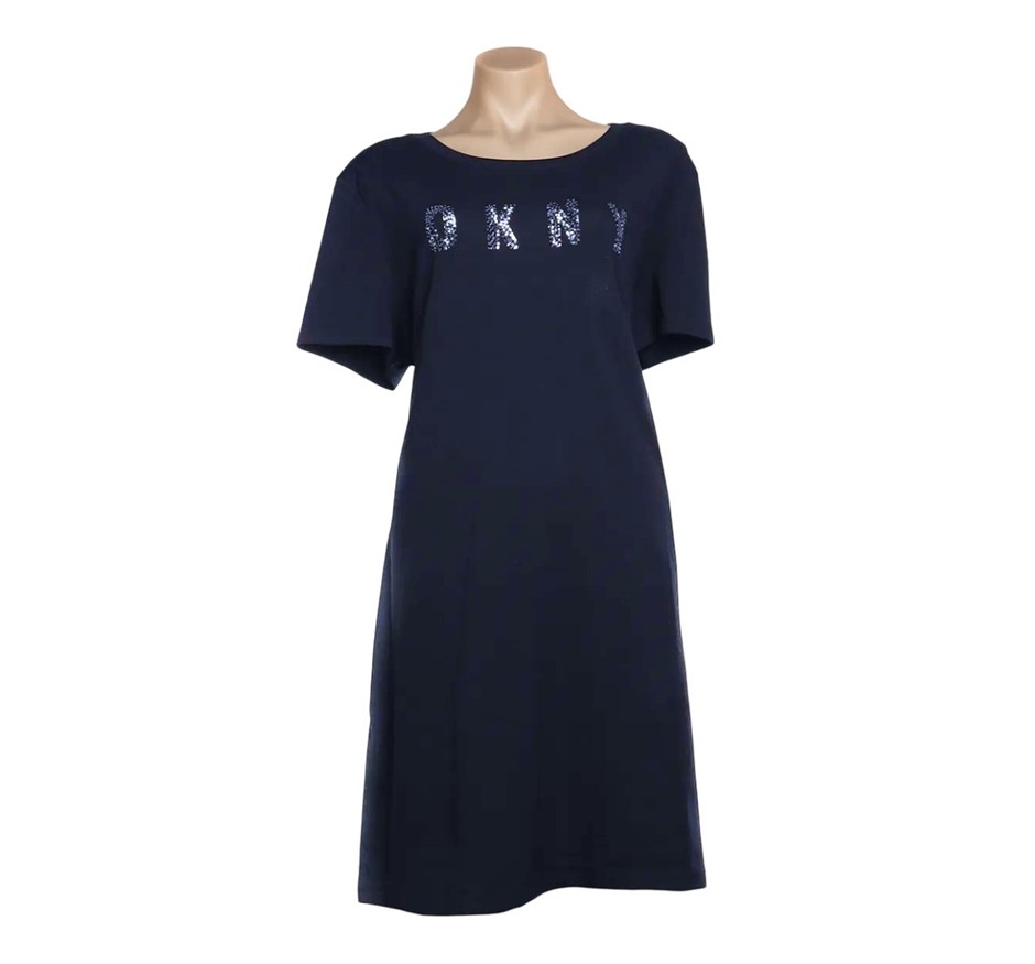 DKNY Women's Sequin Logo Tee Dress, Size L, 95% Cotton, Navy/Navy (NVN). B