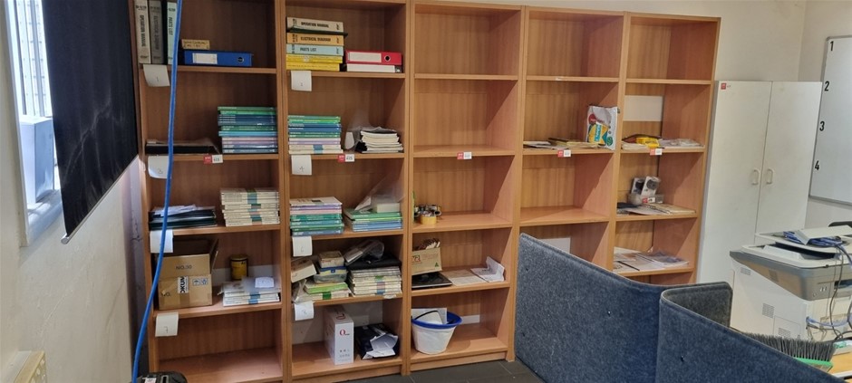 Blonde shelve cabinets 5 off and 1 storage cabinet