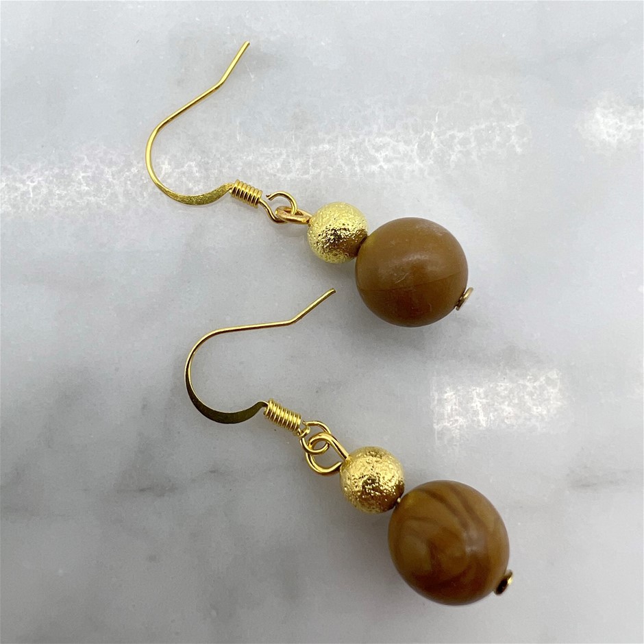 Wood Lace Gemstone Gold Stardust Drop Earrings