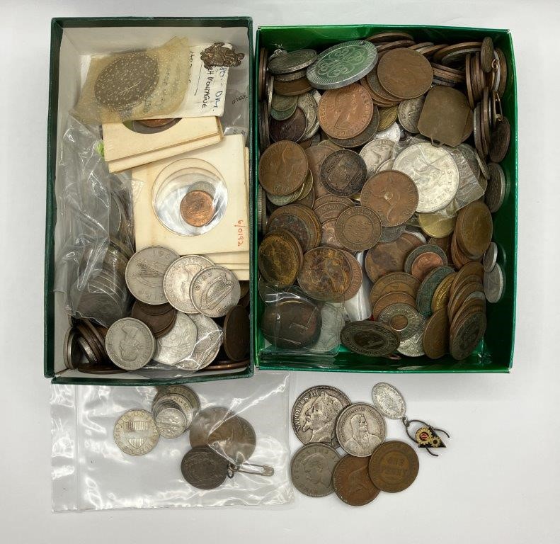A Large Assortment of World Coins, Medalets & Badges Pre/post 1900s