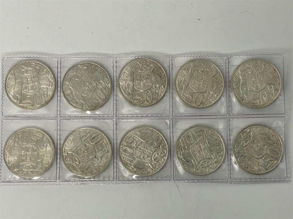 Approx. 10 x AU 1966 Queen Elizabeth II Round 50c Silver Coins