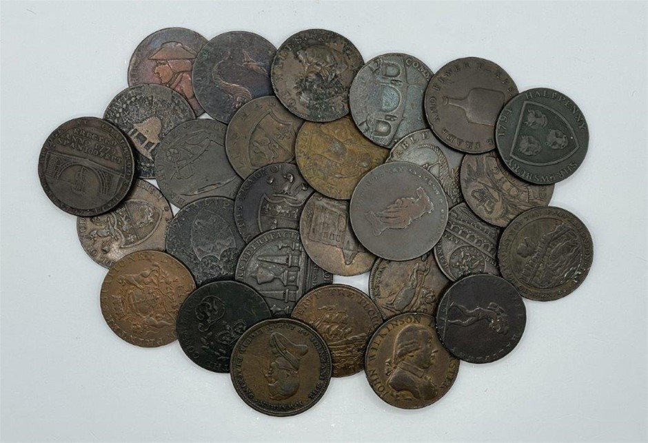 Approx. 28 x Asstd Great Britain 'Half-penny' Tokens, c. 1700s