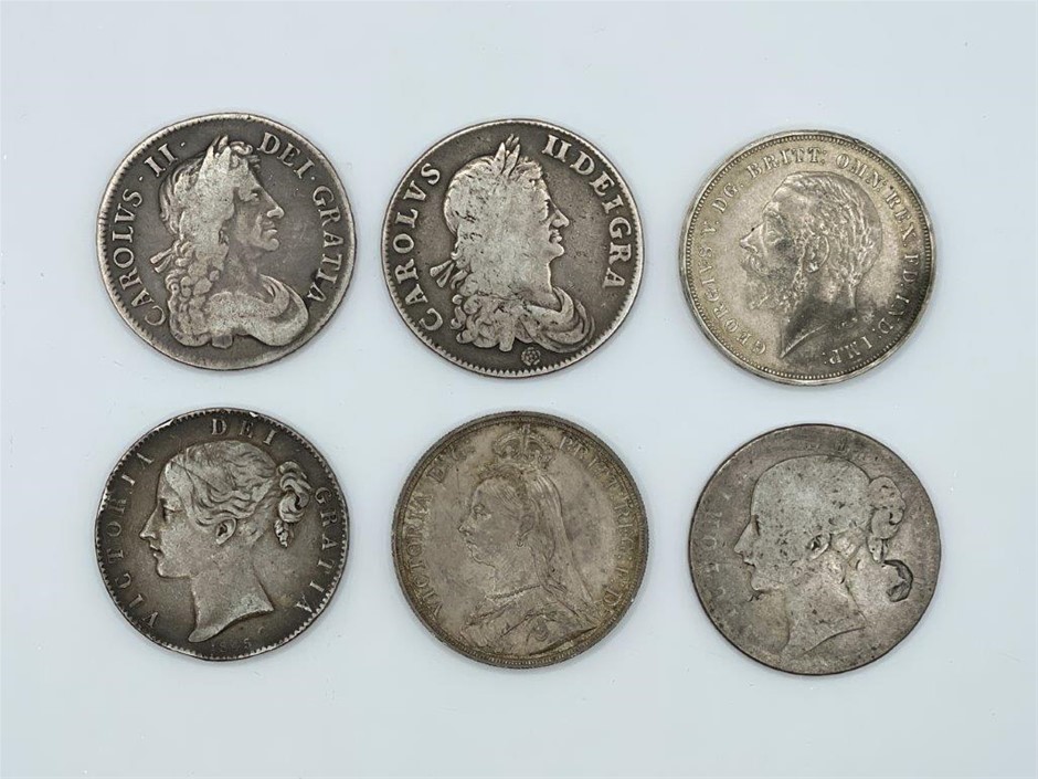 6 x Asstd Great Britain Crown Coins in Silver c. 1662-1935