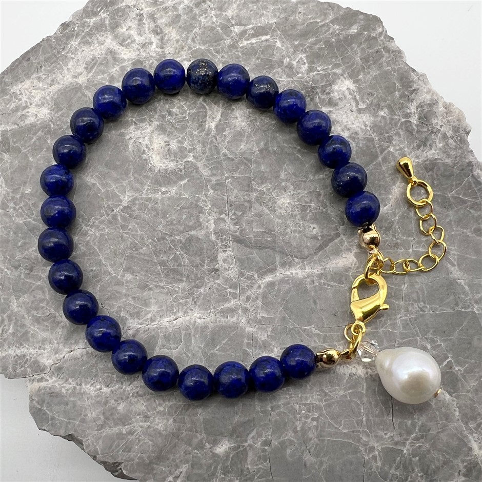 6mm Lapis & Baroque Pearl Pendant Charm Bracelet