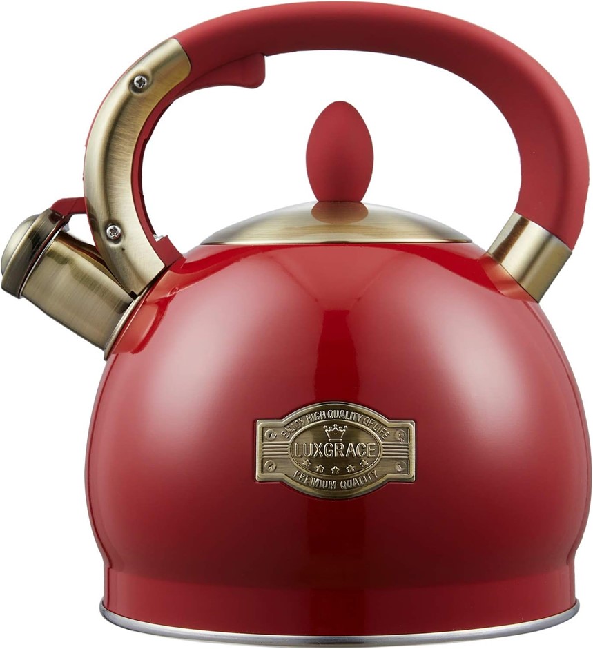 LUXGRACE Stovetop Whistling Teapot Stainless Steel, 2.8 Quart, Red. NB: Min