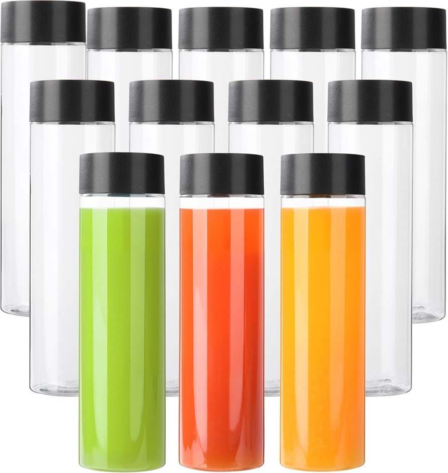 ZMYBCPACK Clear PET Plastic Juice Bottles With Black Lids, 12 Pack, 13.6 OZ