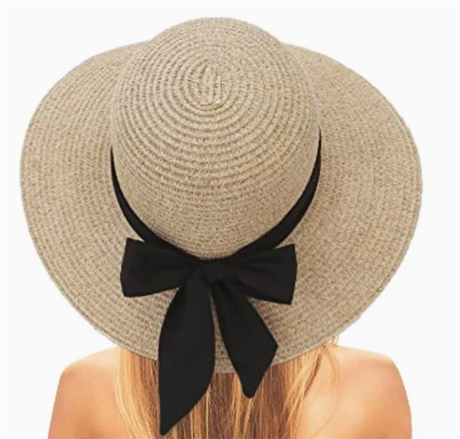 ARIA Sun Hat, Woven with Black Ribbon Size: One, Colour: Beige. NB: Slight