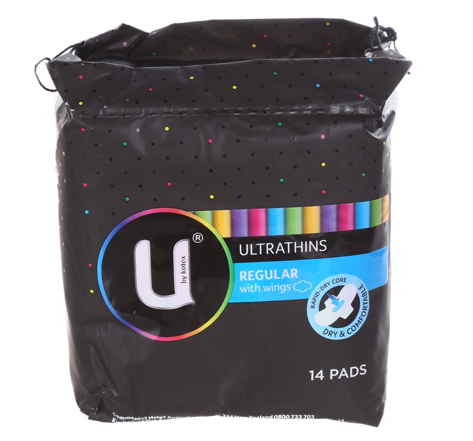 6 x U BY KOTEX 14pk Regular Pads w/ Wings. N.B: Damaged packaging & approx.