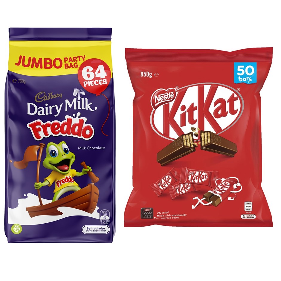 2 x Assorted Chocolates, Incl: FREDDO 64pc & KITKAT 50pc. NB: Damaged packa