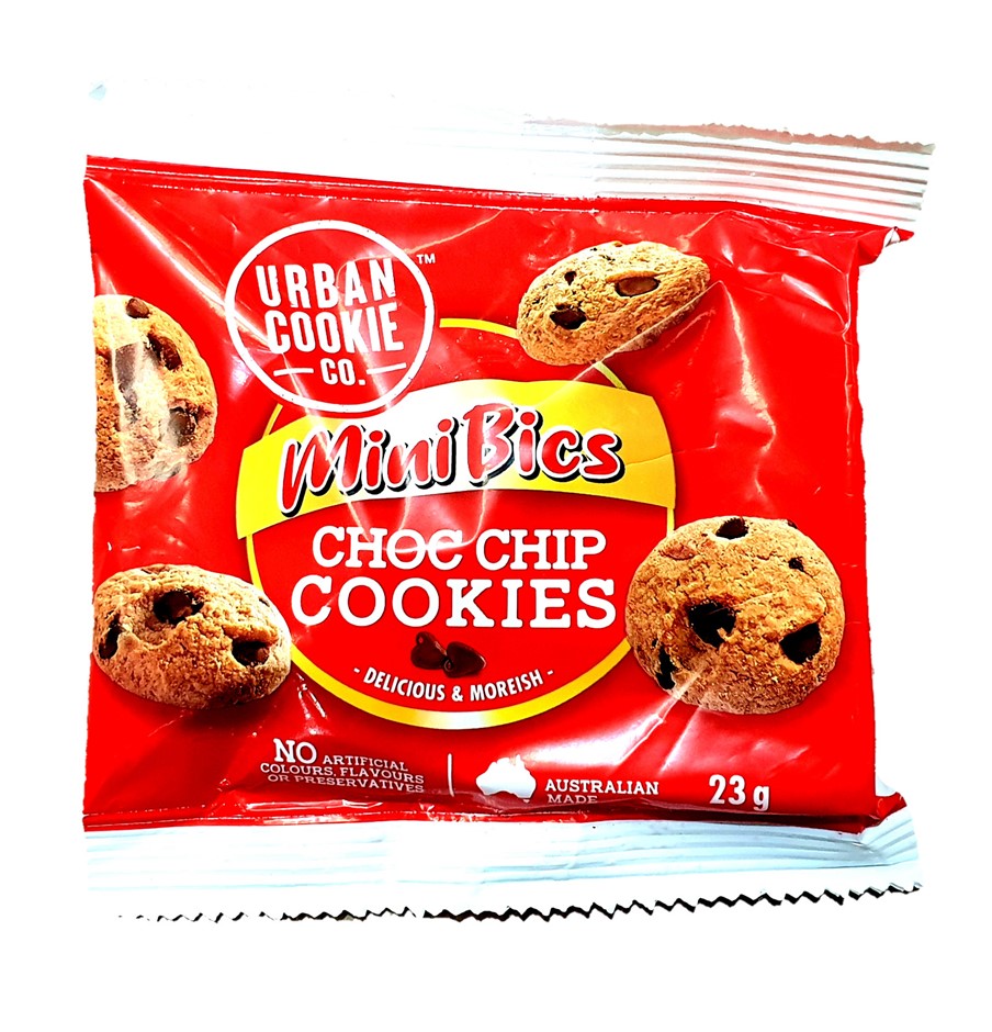 65 x URBAN COOKIE Mini Bics Choc Chip Cookies, Single Serve, 23g Each.