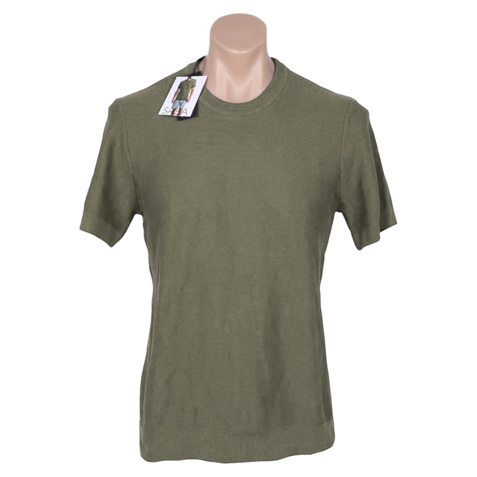 SABA Men's Knitted Textured Tee, Size L, 100% Cotton, Green/Olive, AG24804.