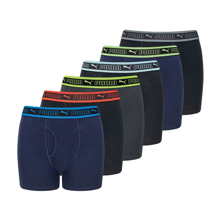 6-Pack PUMA Boys' Boxer Briefs, Size M, 95% Cotton, Blue/Black/Grey.