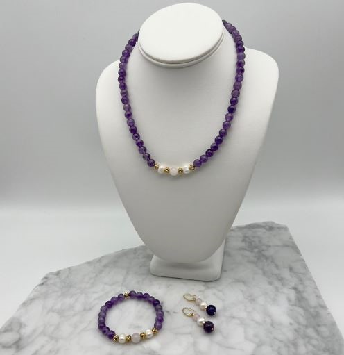 Amethyst, Rose Quartz, Pearls Jewellery Set