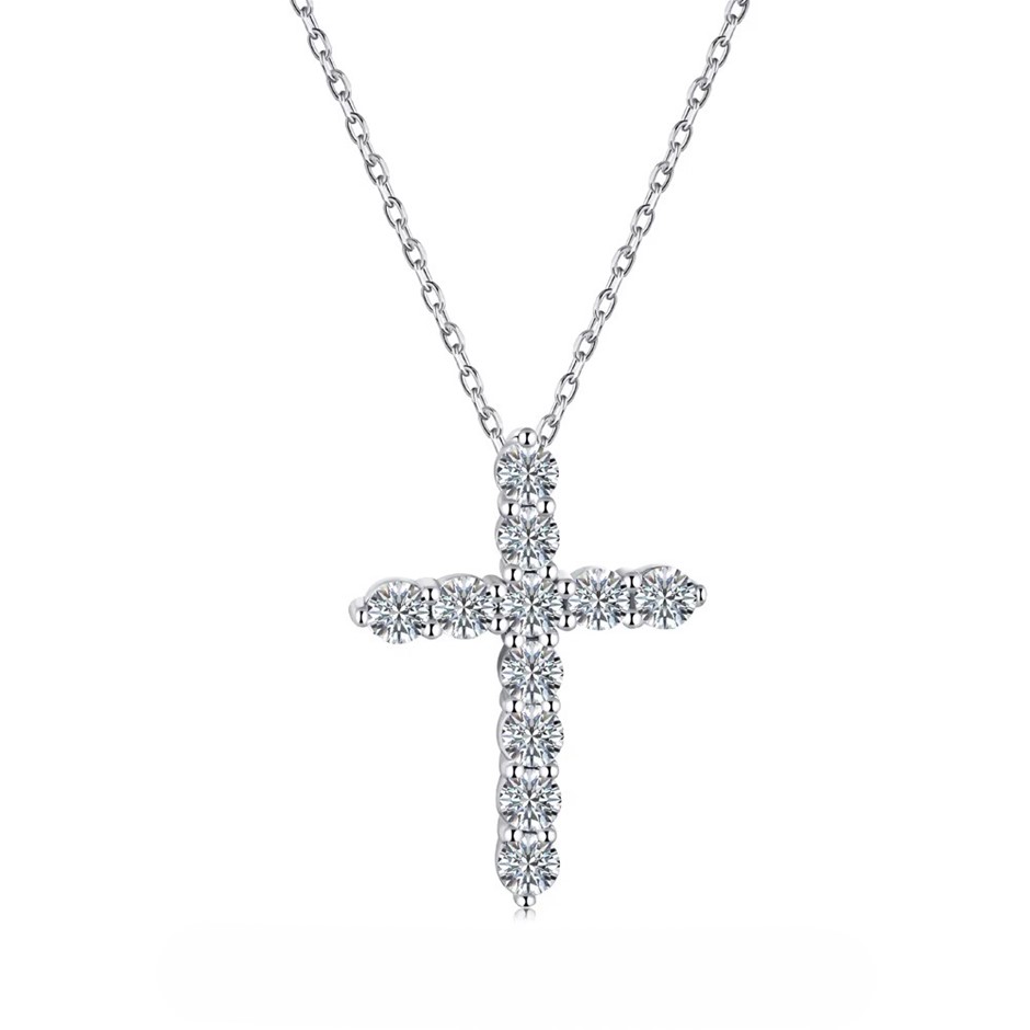 1.10ct Round Cut GRA Certified Moissanite 925 Silver Cross Pendant Necklace