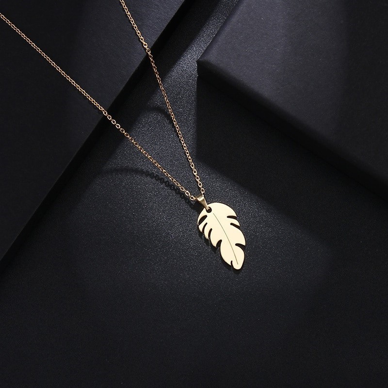 Designer Stainless Steel Feather Pendant Necklace - Yellow