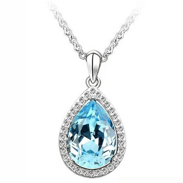 Designer Simulated Diamond Large Ocean Blue Teardrop Pendant in Silver