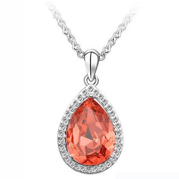 Designer Simulated Diamond Large Orange Teardrop Pendant in Silver