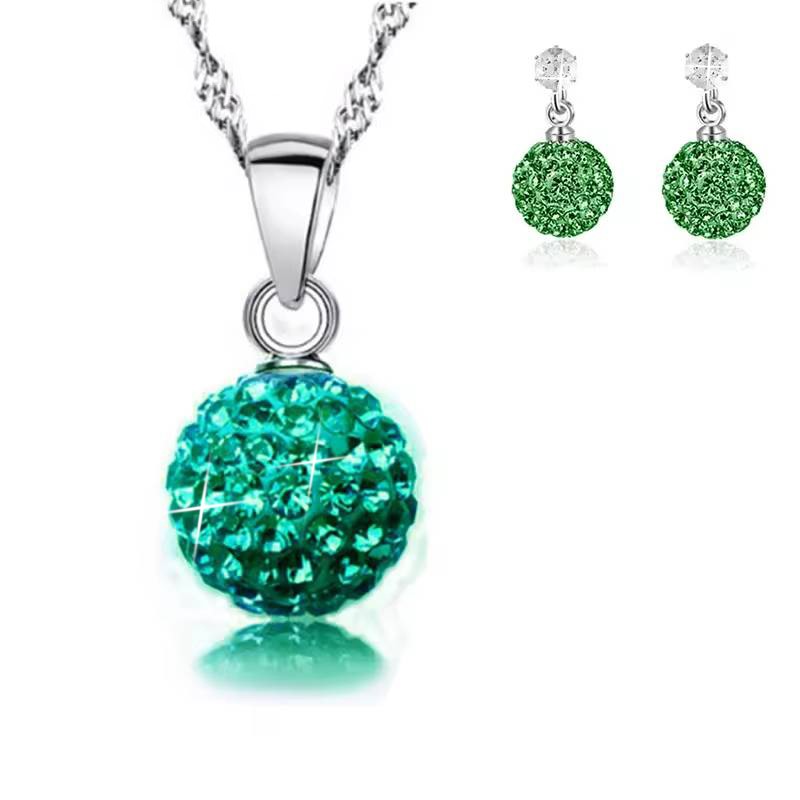 925 Sterling Silver Dark Green Crystal Disco Ball Earring & Necklace Set
