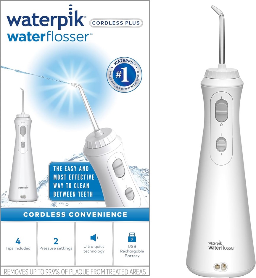 WATERPIK Cordless Plus Portable Water Flosser with 4x Flosser Tips, White. 