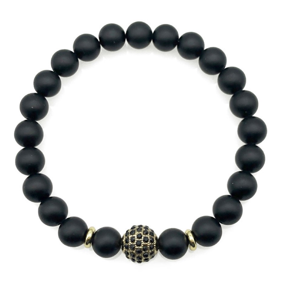 Men's 8mm Frosted Black Agate & Golden Rhinestone Beaded Gemstone Bracelet