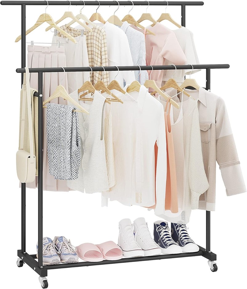 CALMOOTEY Double Rod Garment Rack, Rolling Hanging Clothes Rack, Portable O
