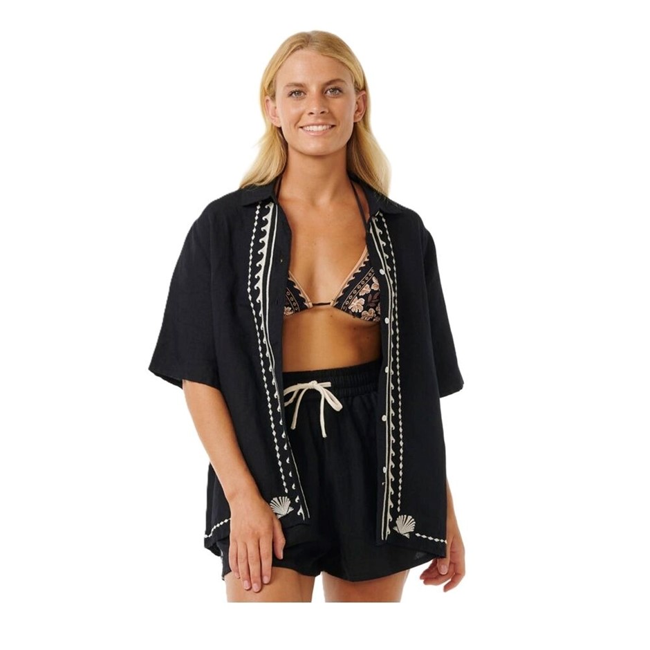 RIP CURL Women's Soleil Short Sleeve Shirt, Size XS, Black. RRP: $99.99. B