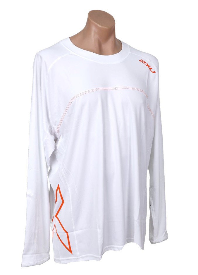 2XU Men's Long Sleeve Fibretech T-Shirt, Size 2XL, White/ Orange.  Buyers N