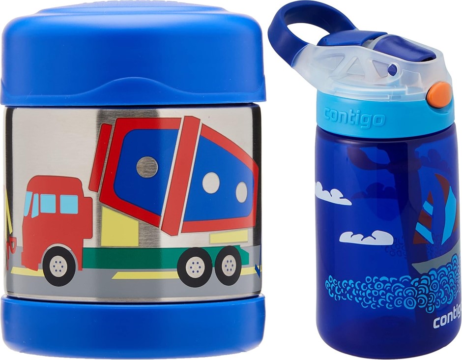 2 x CONTIGO Gizmo Flip Autospout Bottle (414 ml, Yacht) & Thermos FUNtainer