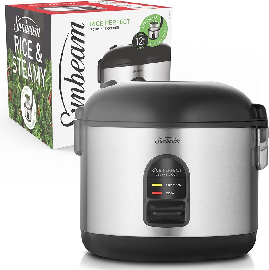 SUNBEAM 7 Cup Rice Cooker And Steamer RC5600, Stainless Steel/Black. NB: mi