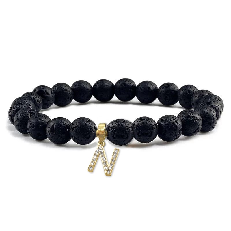 Unisex Black Volcanic Lava Rock Beaded Crystal Initial "N" Bracelet -Yellow