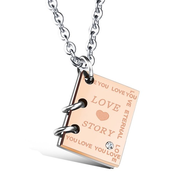 Romantic "Love Story" Book Pendant Necklace Set (Book Opens)