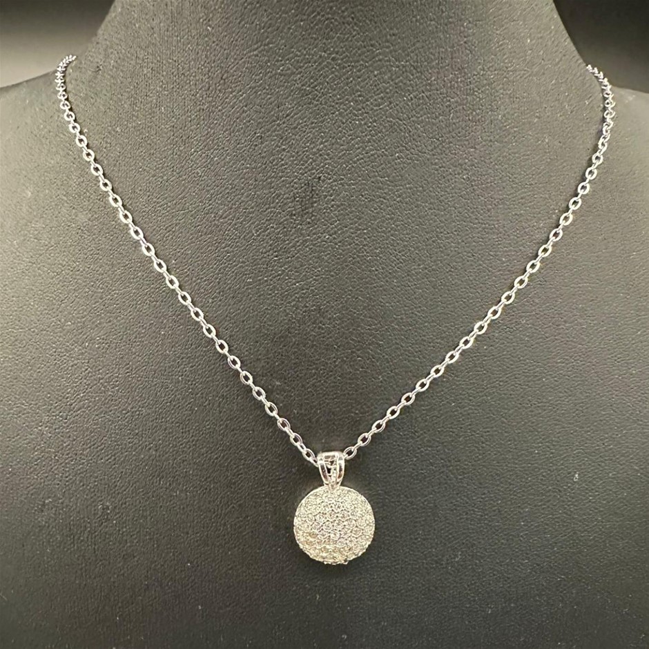 Designer Simulated Diamond Round Pendant Necklace in Silver