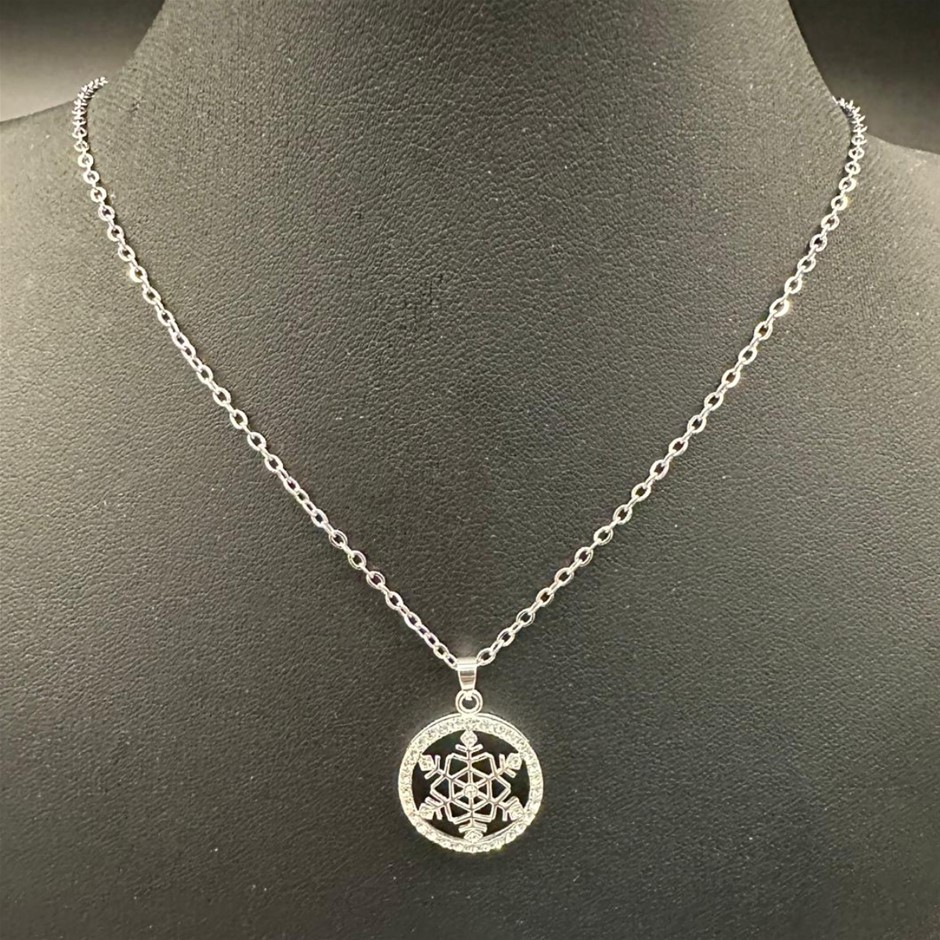 Designer Simulated Diamond Snowflake Pendant Necklace in Silver