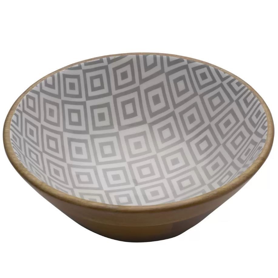 MIKASA Enameled Mango Wood Serving Bowl, Grey Diamond Pattern. N.B. intern