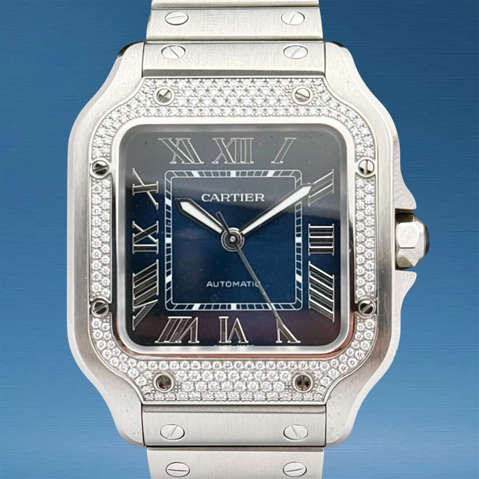 Cartier Santos Medium Automatic Stainless Steel Blue Roman Dial BxP & COA