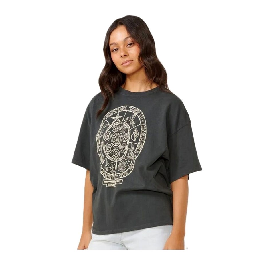 RIP CURL Women's Souvenirs Heritage Tee - Washed Black, Size 2XS. RRP: $59.