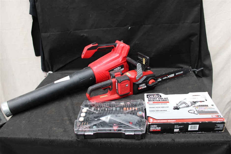 Quantity of Assorted Ozito Tools Including Chainsaw and Blower