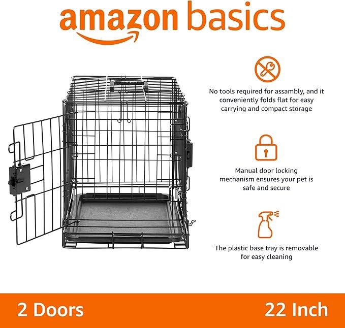 AMAZON BASICS Durable Foldable Metal Wire Dog Crate with Tray, Double Door
