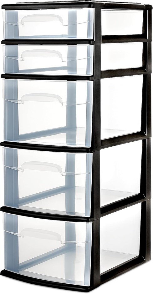 HOMZ Plastic 5 Clear Drawer Medium Home Organization Storage Container Towe
