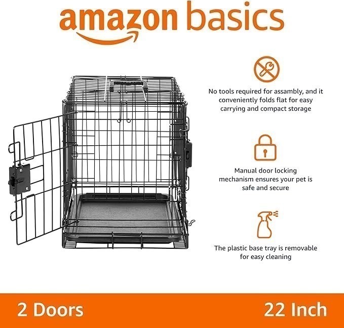 AMAZON BASICS Durable Foldable Metal Wire Dog Crate with Tray, Double Door