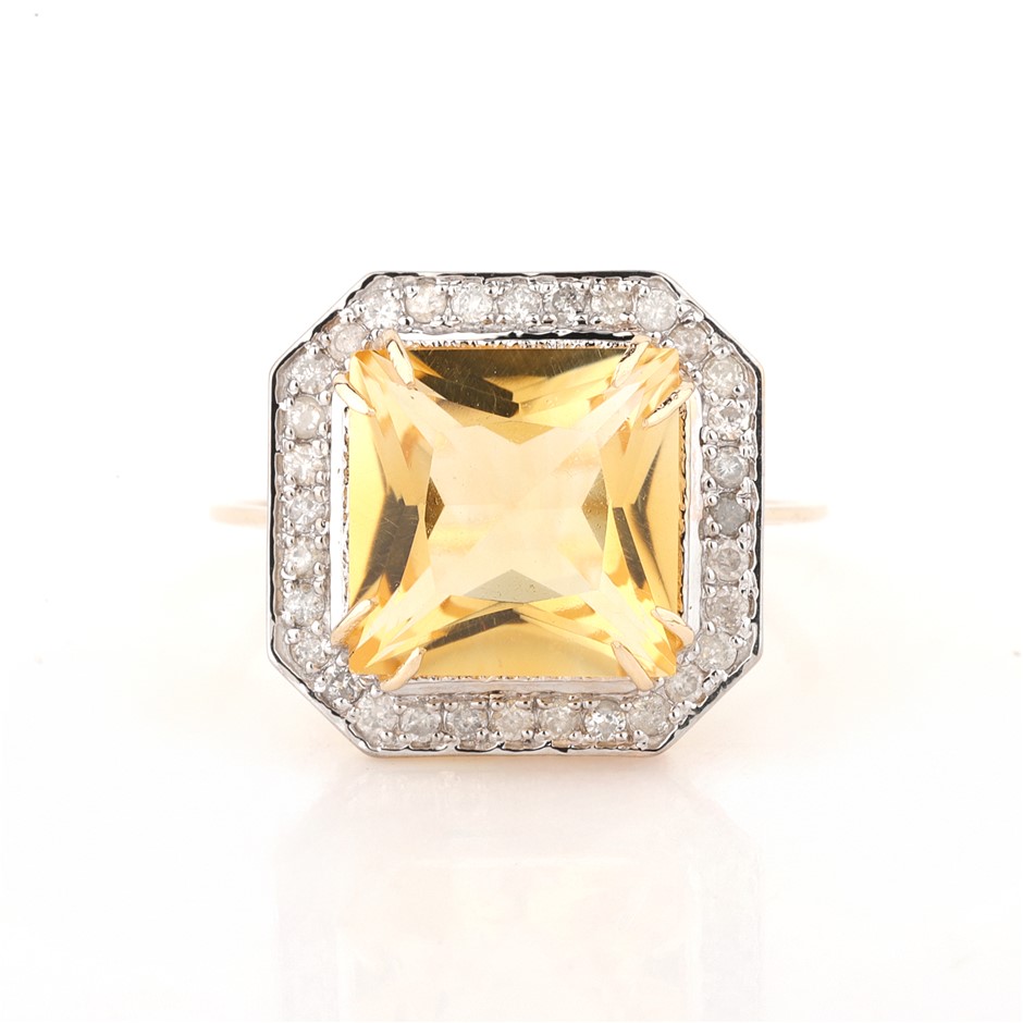 Yellow Gold Natural Citrine & Diamond Ring with Valuation