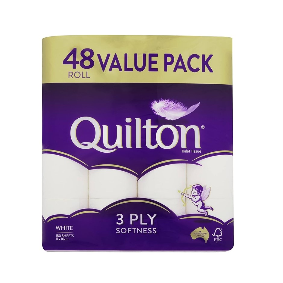 QUILTON 48pk 3-Ply Toilet Paper. NB: Damaged packaging & 1 x roll is missin