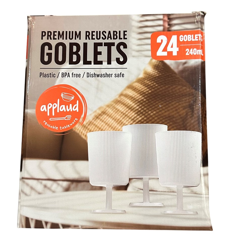 APPLAUD Wine Goblet Reusable, Clear 24 Pack x 240ml NB: Damaged box.